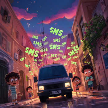 A suspicious van with an antenna on its roof drives down a narrow city street at dusk, emitting glowing green "SMS" messages into the air, while several surprised and wary people on the sidewalks observe it.
